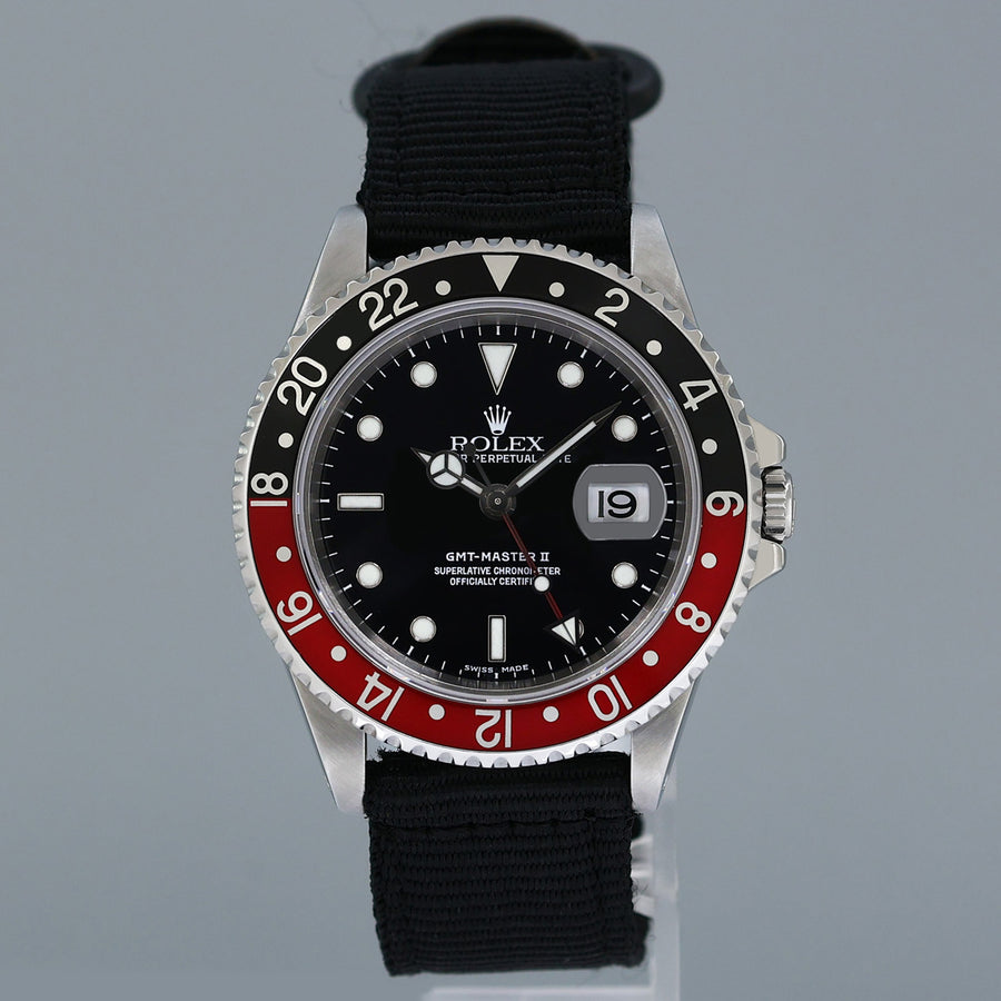 2001 Rolex GMT-Master 2 Coke Black Red 40mm Steel 16710 Nato Watch Box