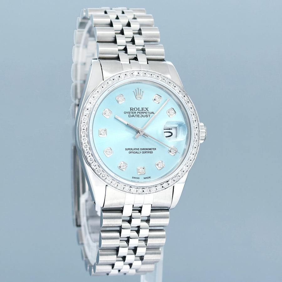 DIAMOND Bezel Rolex DateJust 36mm Glacier Blue Diamond 16030 Steel Watch Box