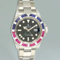 MINT Diamond Ruby & Sapphire Rolex GMT Master II 116710 Steel 40mm Black Watch Box