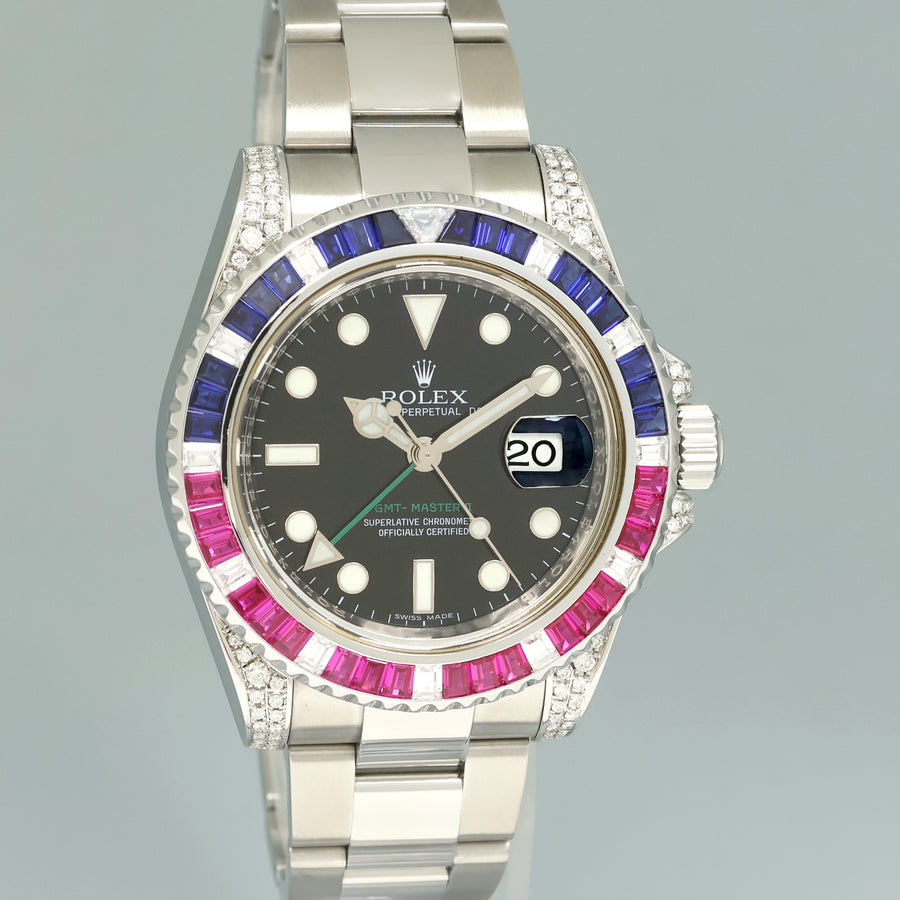 MINT Diamond Ruby & Sapphire Rolex GMT Master II 116710 Steel 40mm Black Watch Box
