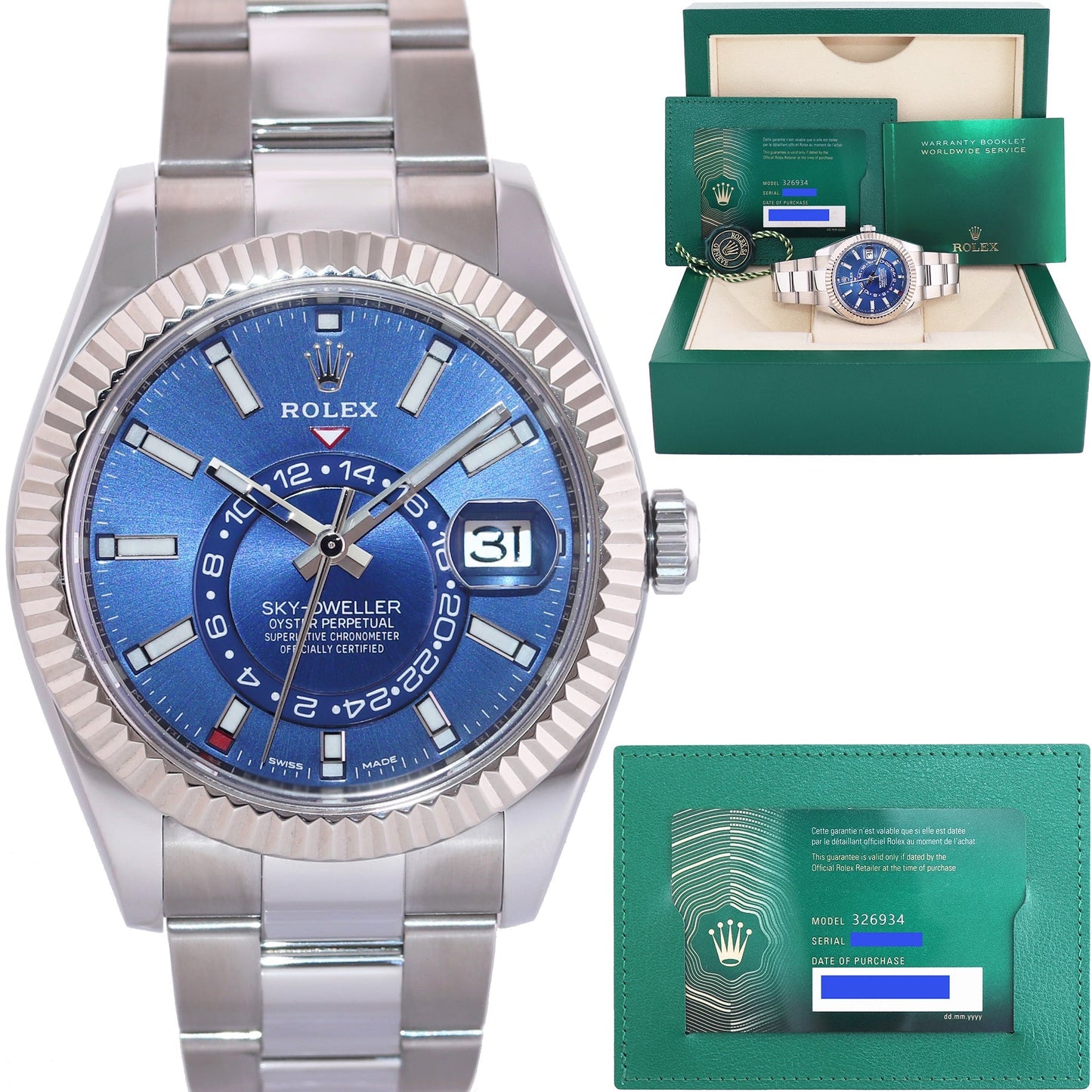 2021 NEW PAPERS Rolex Sky-Dweller Stainless White Gold Blue 326934 42mm Watch