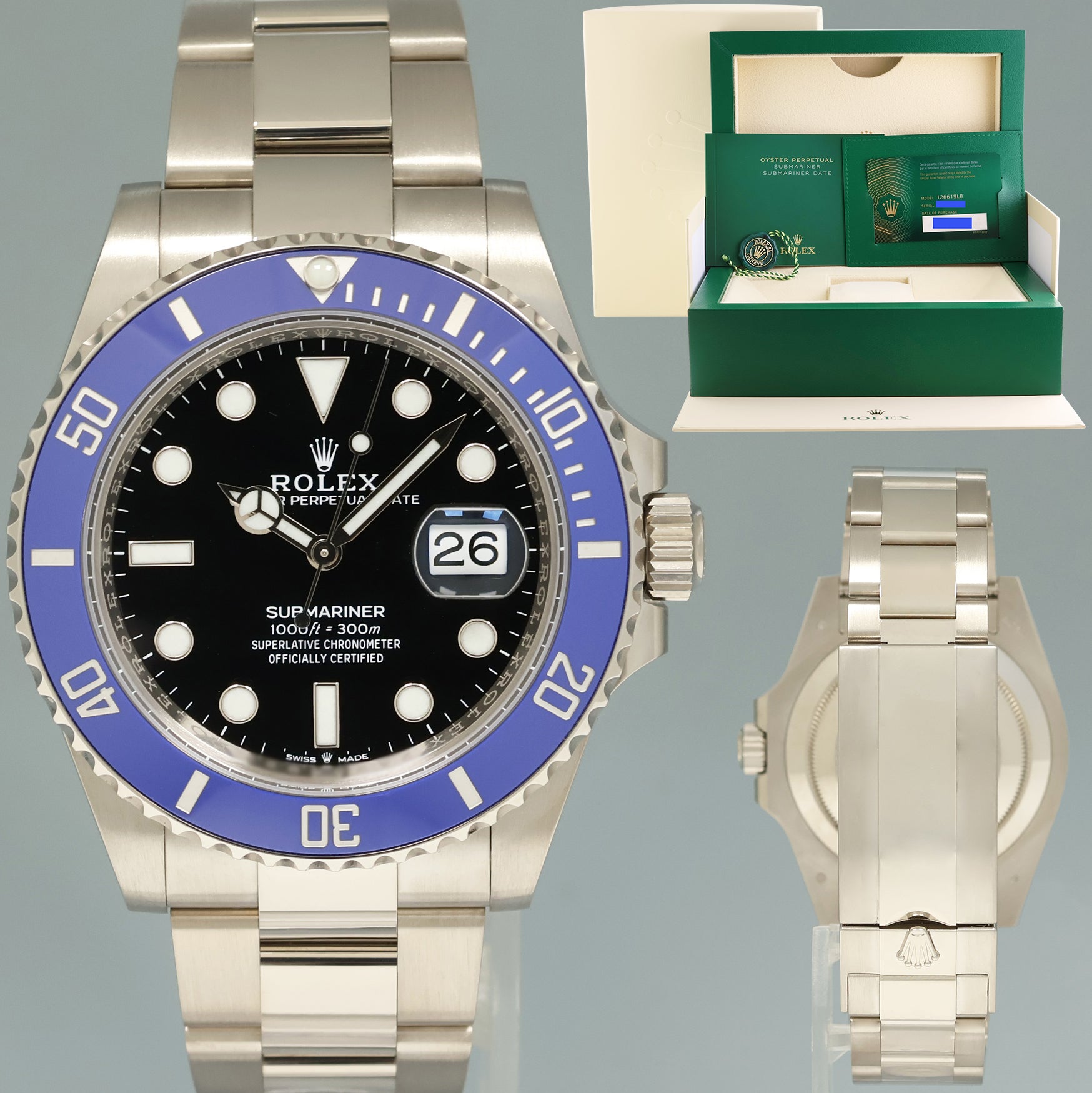 2021 NEW PAPERS Rolex Submariner Blue Cookie Monster 126619 White Gold 41mm Watch