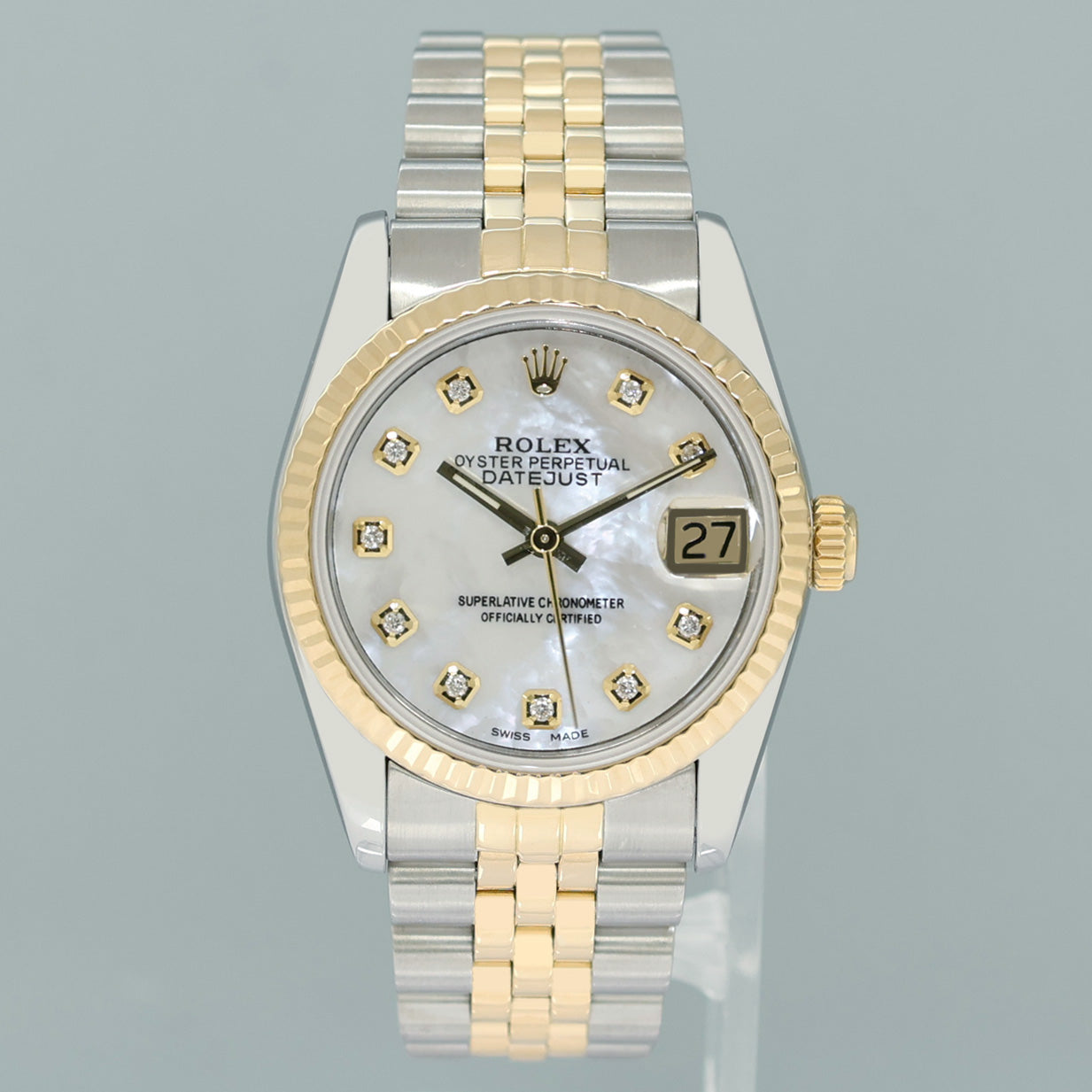 PAPERS MINT Ladies Rolex 68273 Two Tone 18k Yellow Gold Fluted Steel 31mm Pearl Diamond Watch