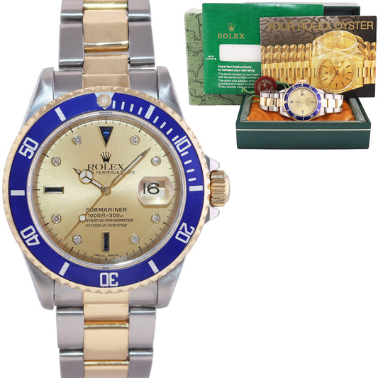 MINT Rolex Submariner 16613 Two Tone Gold Champagne Serti Diamond Watch Box