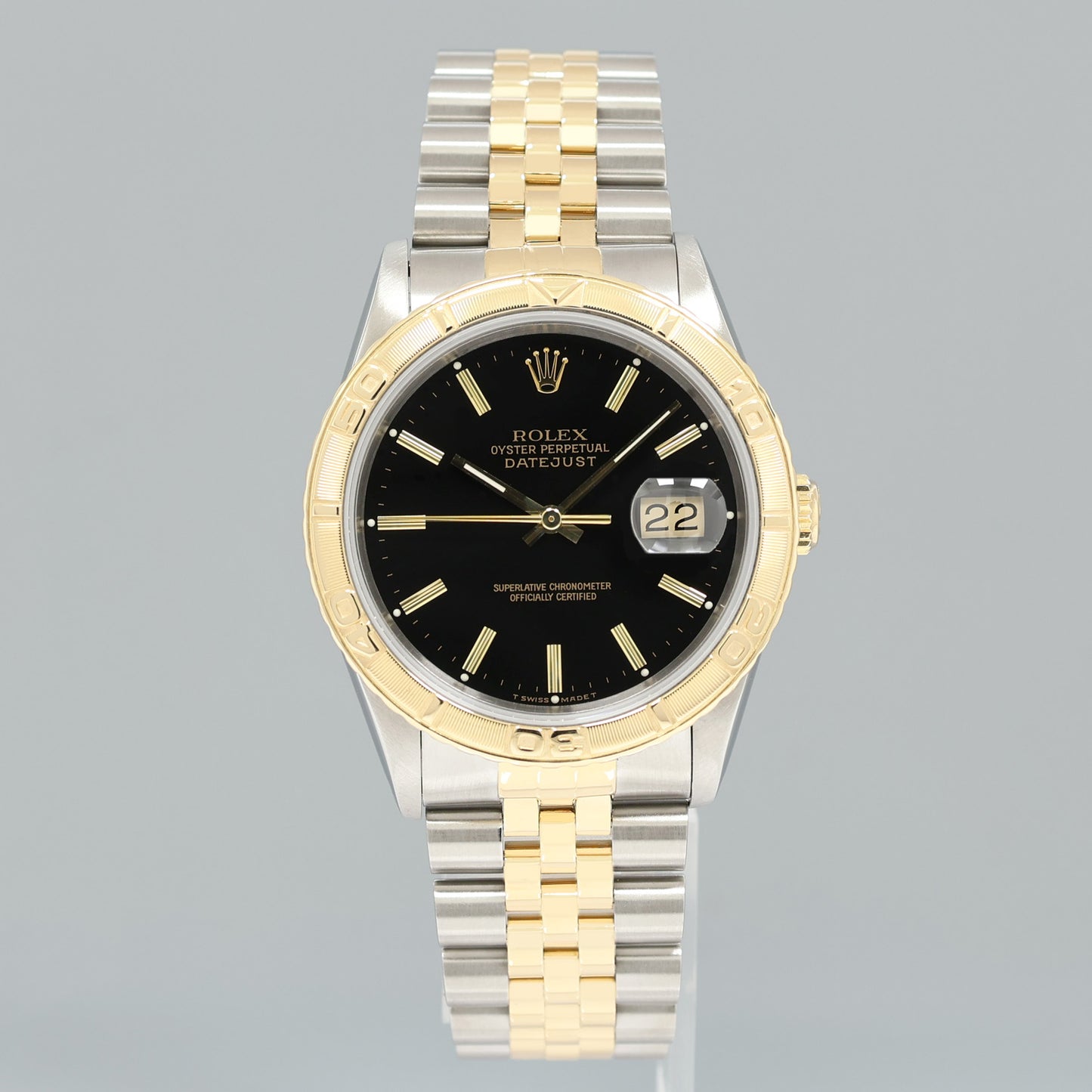 PAPERS Rolex DateJust 16263 Turn-O-Graph Two Tone Gold Black Jubilee 36mm Watch