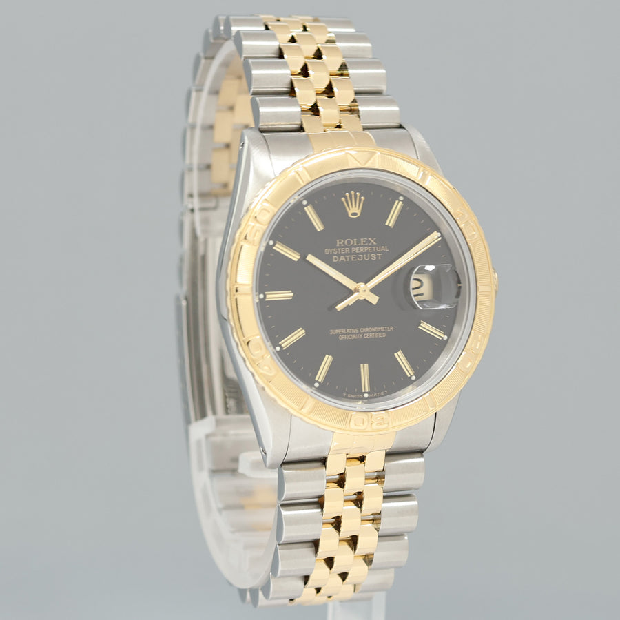PAPERS Rolex DateJust 16263 Turn-O-Graph Two Tone Gold Black Jubilee 36mm Watch