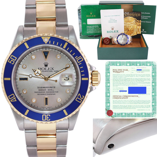2001 PAPERS MINT SILVER SERTI DIAL Rolex Submariner 16613 Gold Steel Two Tone Watch Box