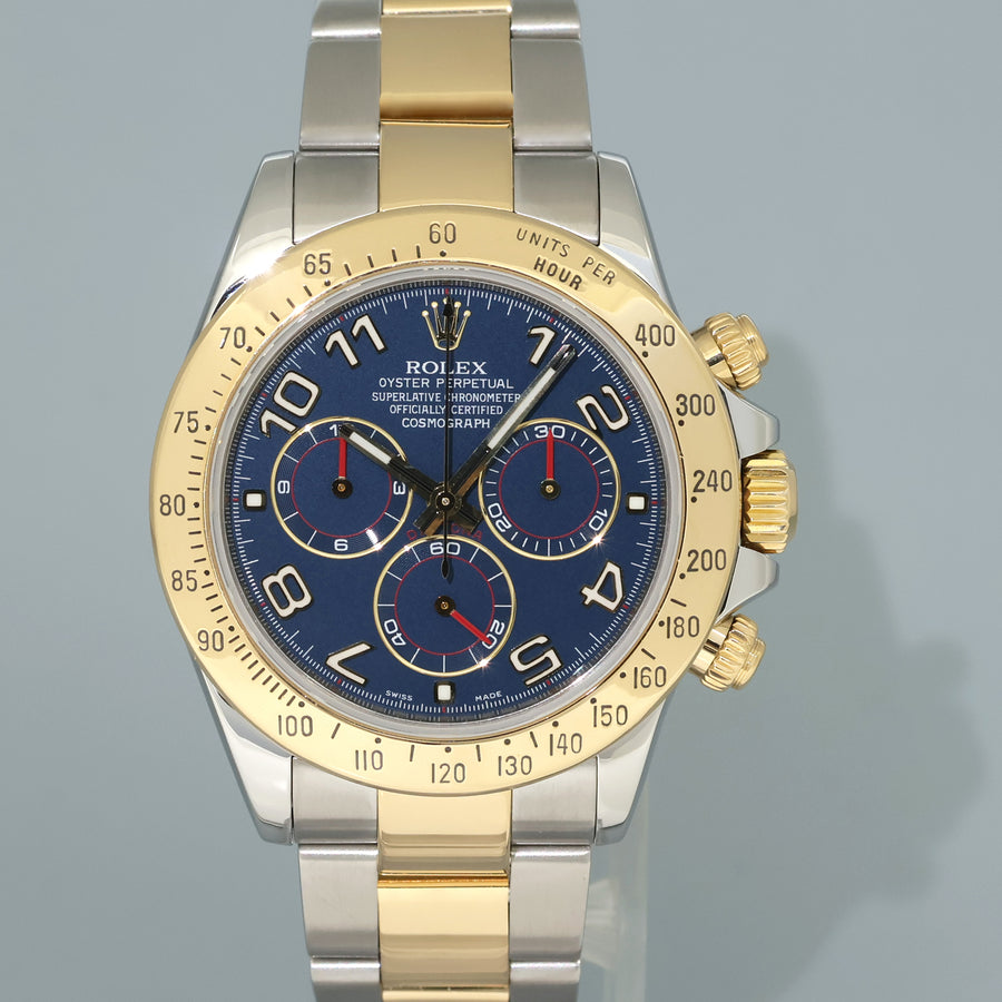 2011 MINT Rolex Daytona 116523 Blue Arabic Red Steel Yellow Gold Two Tone Watch Box