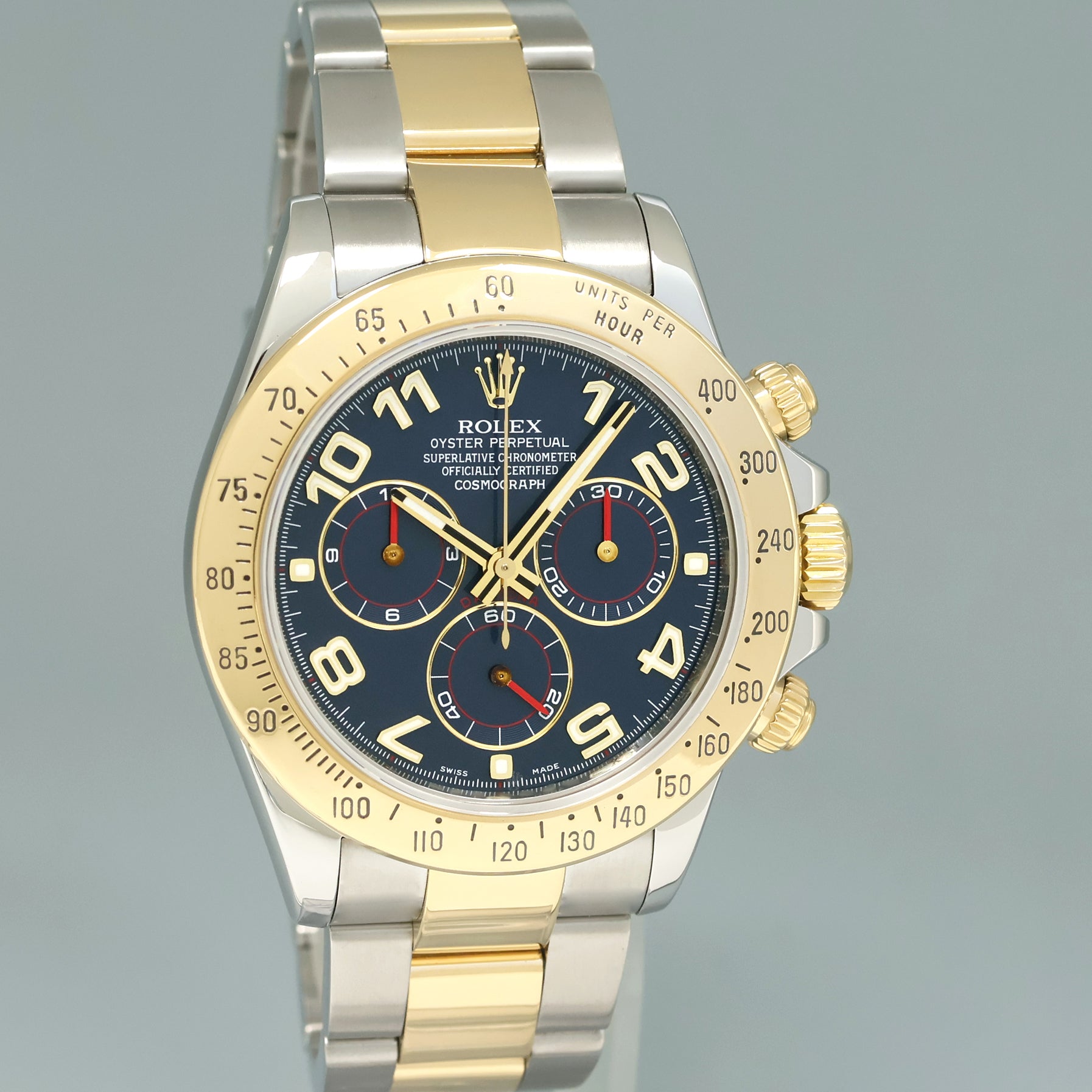 2015 MINT Rolex Daytona 116523 Blue Arabic Red Steel Yellow Gold Two Tone Watch Box