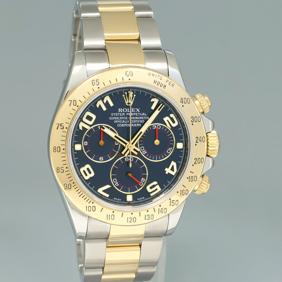 2011 MINT Rolex Daytona 116523 Blue Arabic Red Steel Yellow Gold Two Tone Watch Box