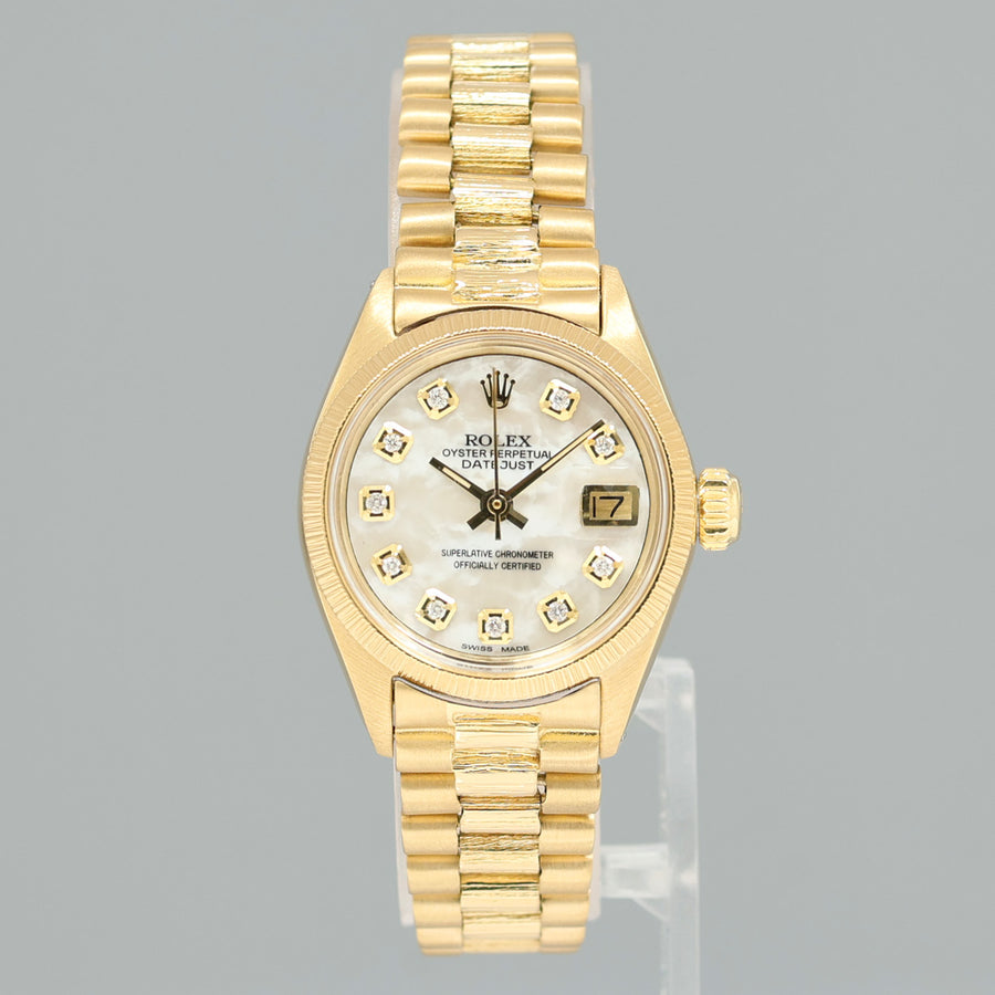 PAPERS Ladies Rolex DateJust President 26mm 6927 Yellow Gold Bark Diamond MOP Watch