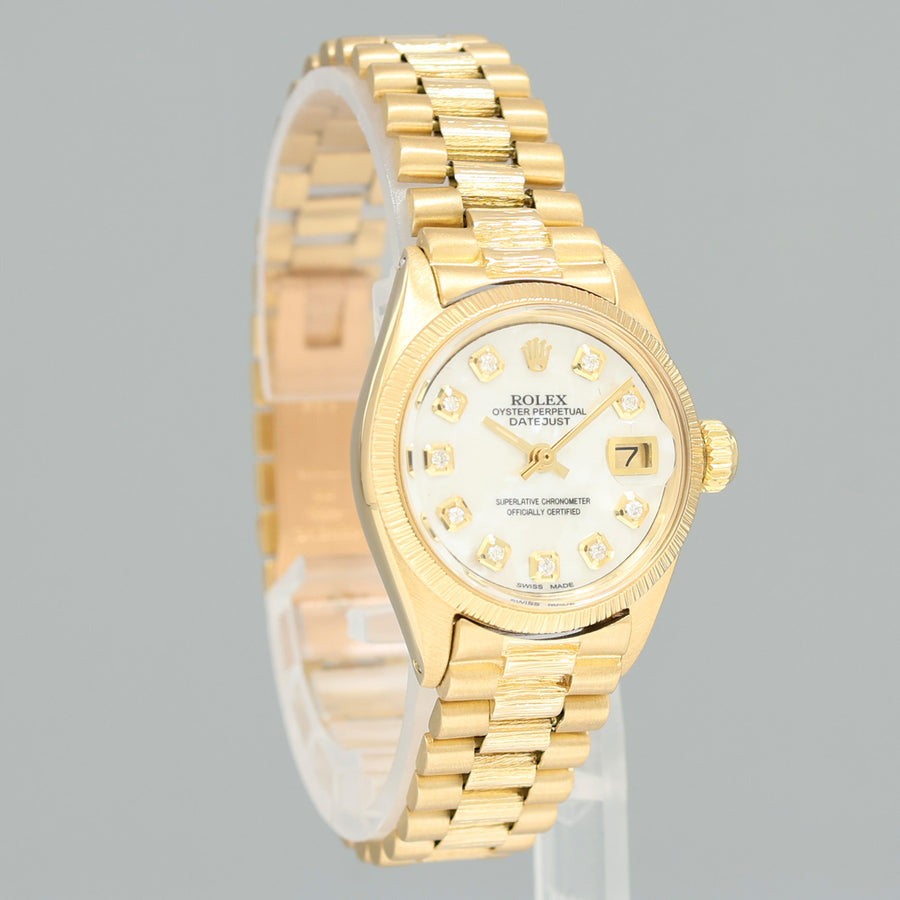 PAPERS Ladies Rolex DateJust President 26mm 6927 Yellow Gold Bark Diamond MOP Watch