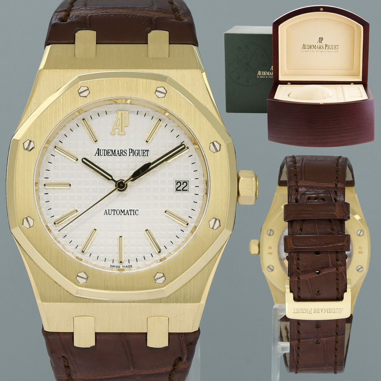 MINT Audemars Piguet AP Royal Oak Yellow Gold 15300ba 39mm White Dial Leather Watch