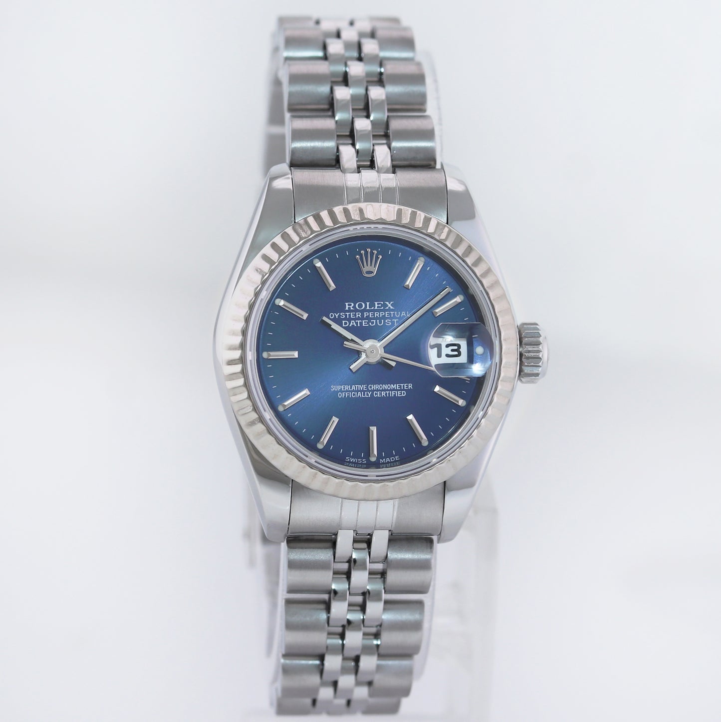 Ladies Rolex DateJust 26mm Blue Stick White Gold Fluted Steel Jubilee Watch 69174