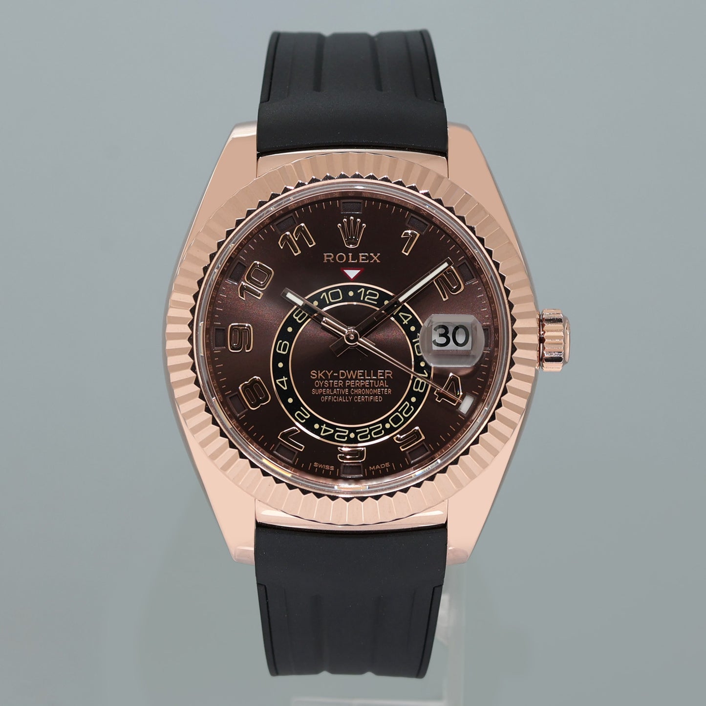 MINT ROLEX SKY DWELLER ROSE GOLD 326135 CHOCOLATE 42MM RUBBER WATCH BOX