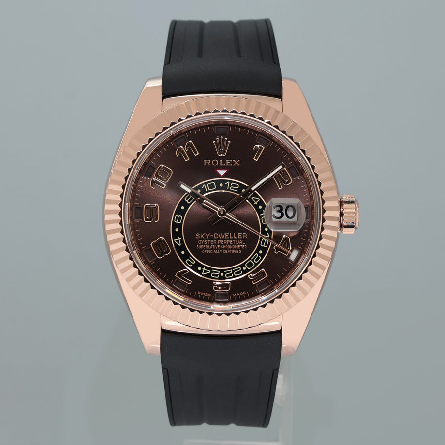 MINT ROLEX SKY DWELLER ROSE GOLD 326135 CHOCOLATE 42MM RUBBER WATCH BOX