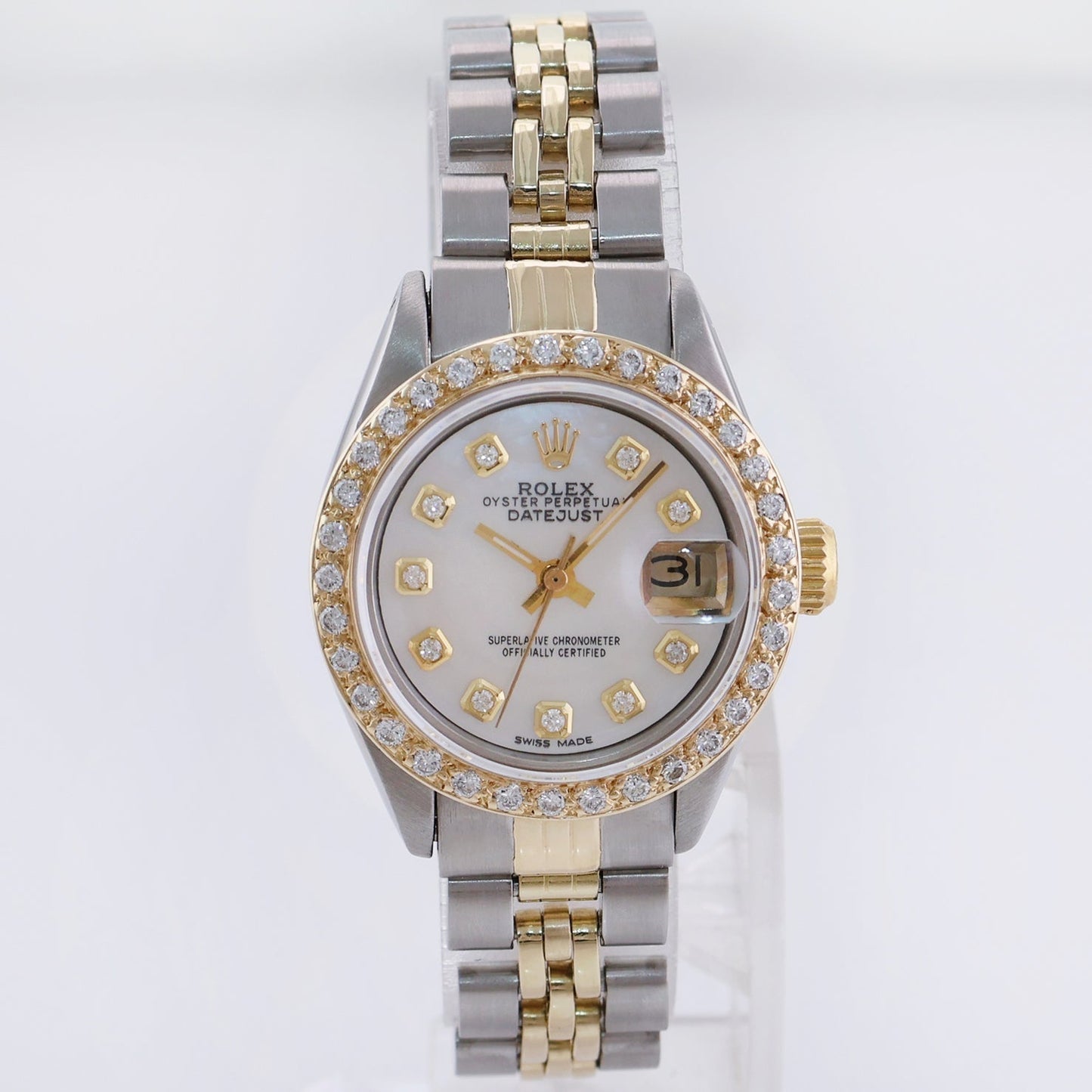Diamond Ladies Rolex DateJust 26mm Two Tone Gold Steel Mother of Pearl Watch