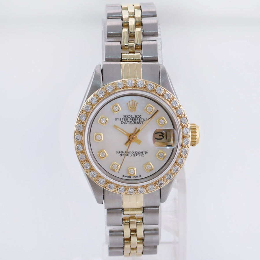 Diamond Ladies Rolex DateJust 26mm 6917 Two Tone Gold Steel Mother of Pearl Watch
