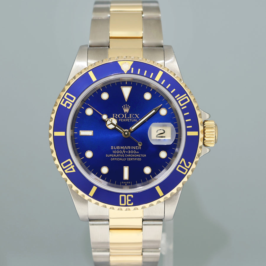 MINT 1999 Rolex Submariner 16613LB Yellow Gold Steel Two Tone Sunburst Blue Watch