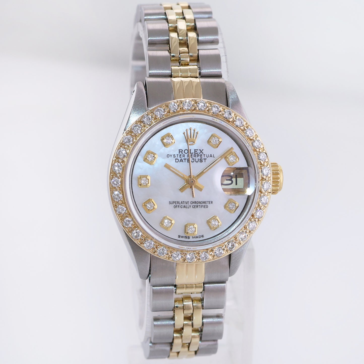 Diamond Ladies Rolex DateJust 26mm 6917 Two Tone Gold Steel Mother of Pearl Watch