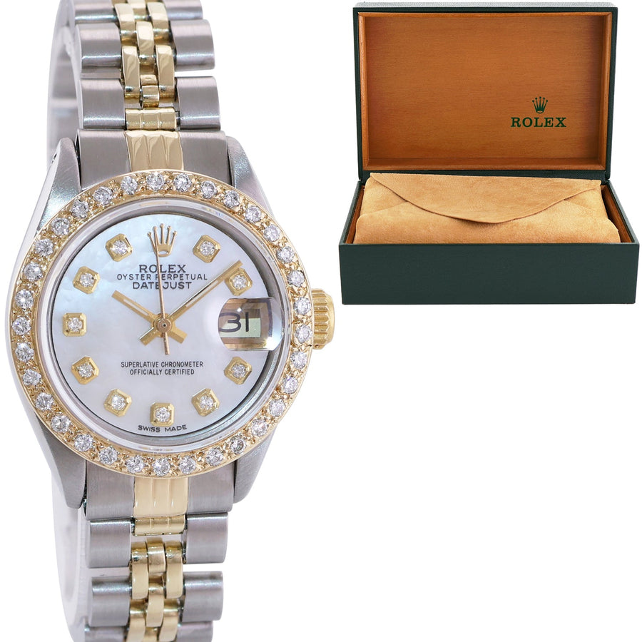Diamond Ladies Rolex DateJust 26mm 6917 Two Tone Gold Steel Mother of Pearl Watch