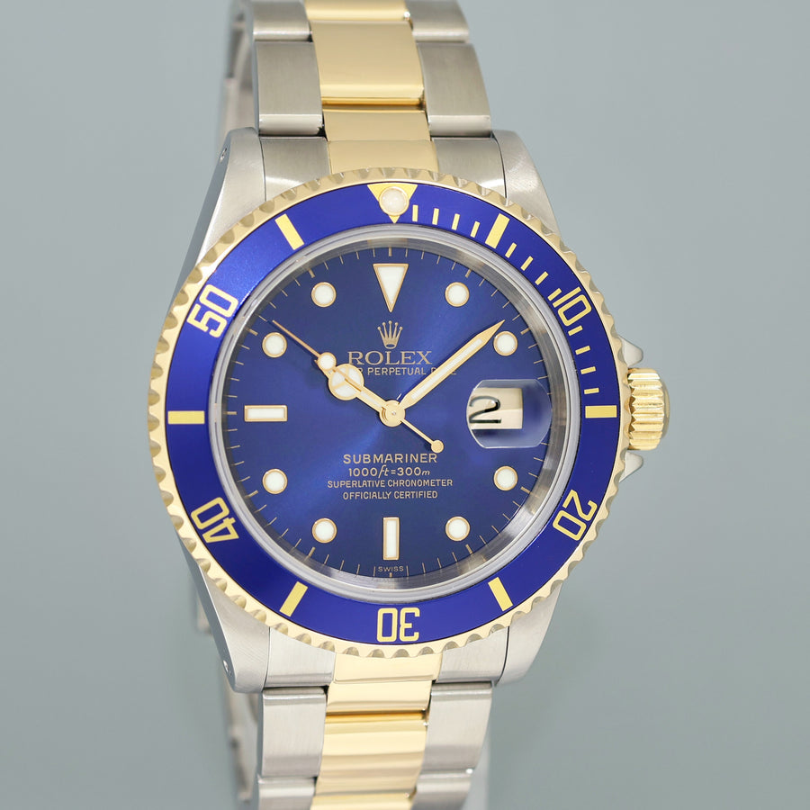 MINT 1999 Rolex Submariner 16613LB Yellow Gold Steel Two Tone Sunburst Blue Watch
