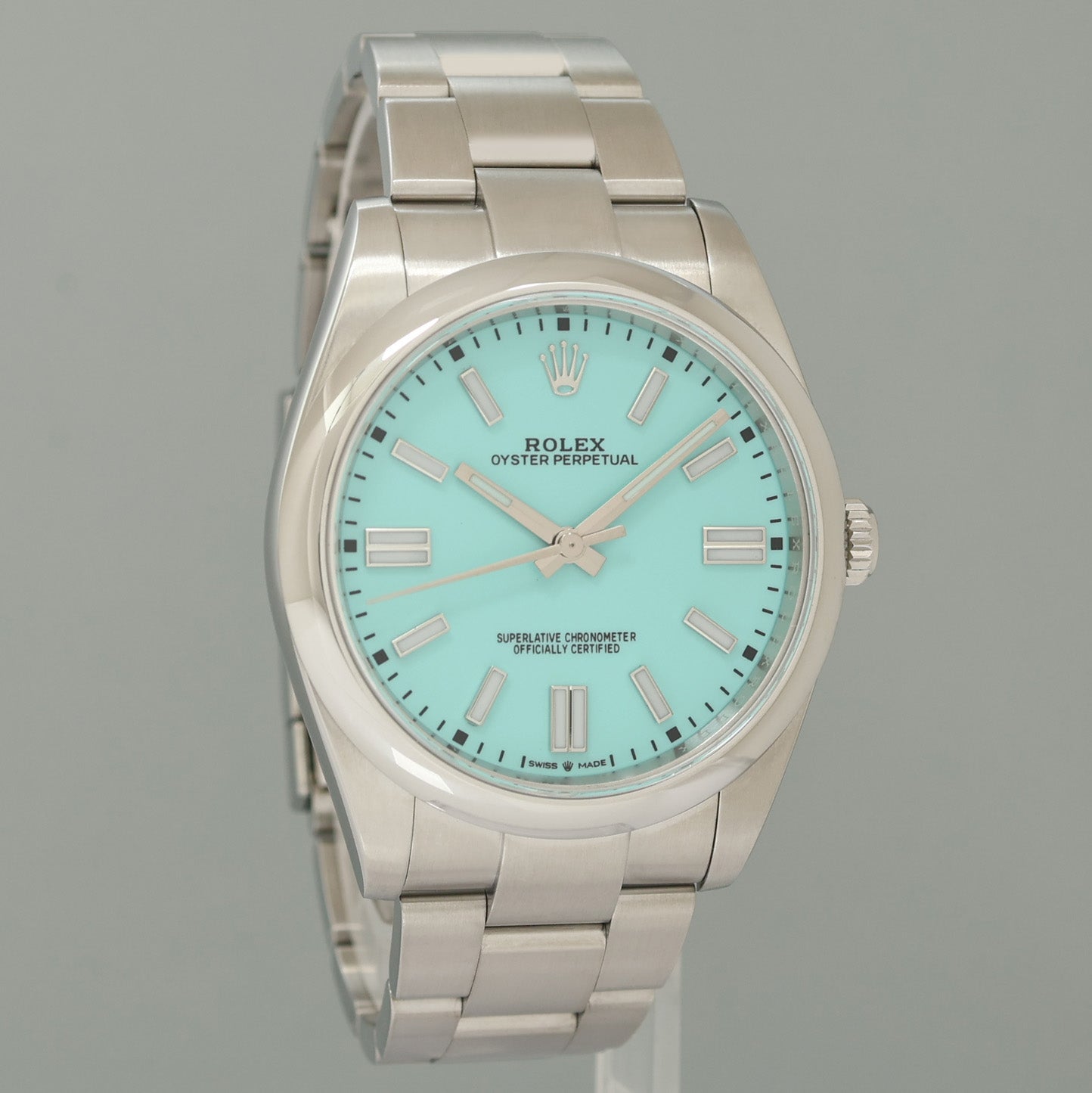2022 PAPERS Rolex Oyster Perpetual 41mm Blue Custom Dial Tiffany Oyster 124300 Watch
