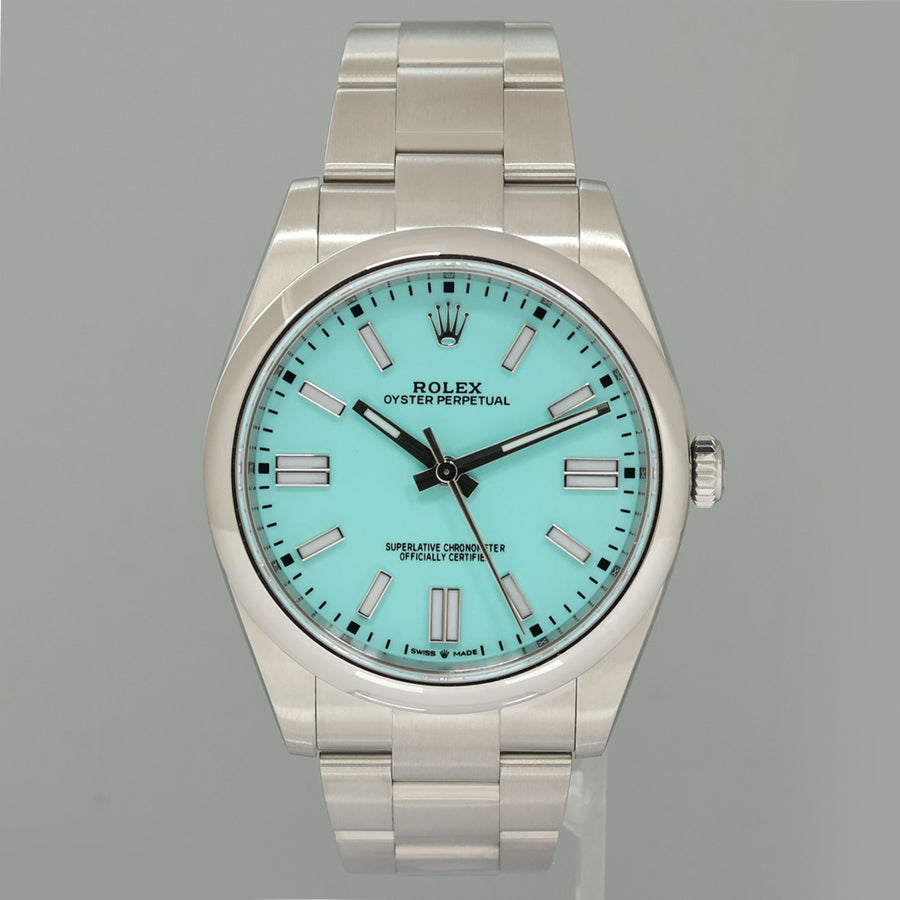 2022 PAPERS Rolex Oyster Perpetual 41mm Blue Custom Dial Tiffany Oyster 124300 Watch