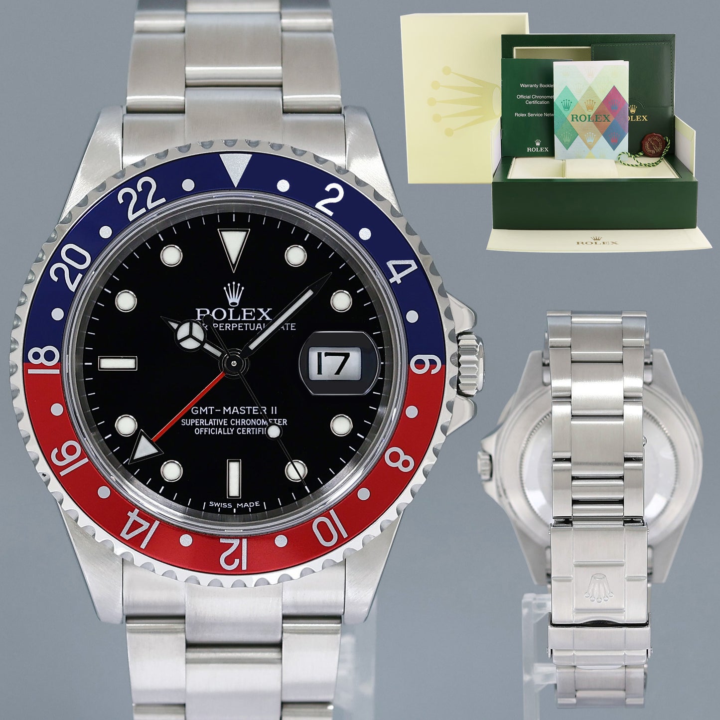 2006 MINT PAPERS Rolex GMT-Master II Pepsi Blue Red Steel Error Stick 16710 40mm Watch