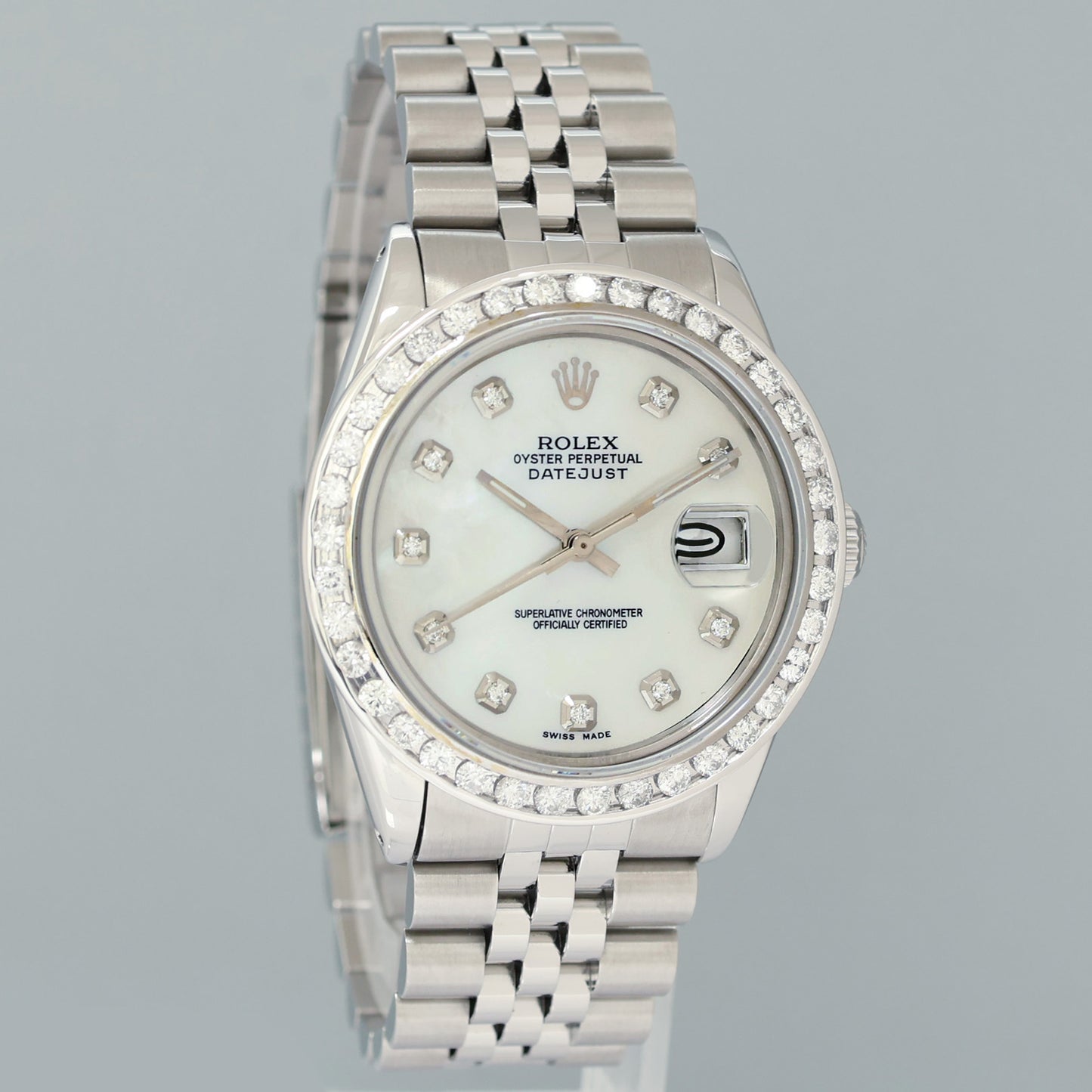 MINT Rolex DateJust 16014 Mother of Pearl Diamond Bezel Jubilee Band 36mm Watch Box