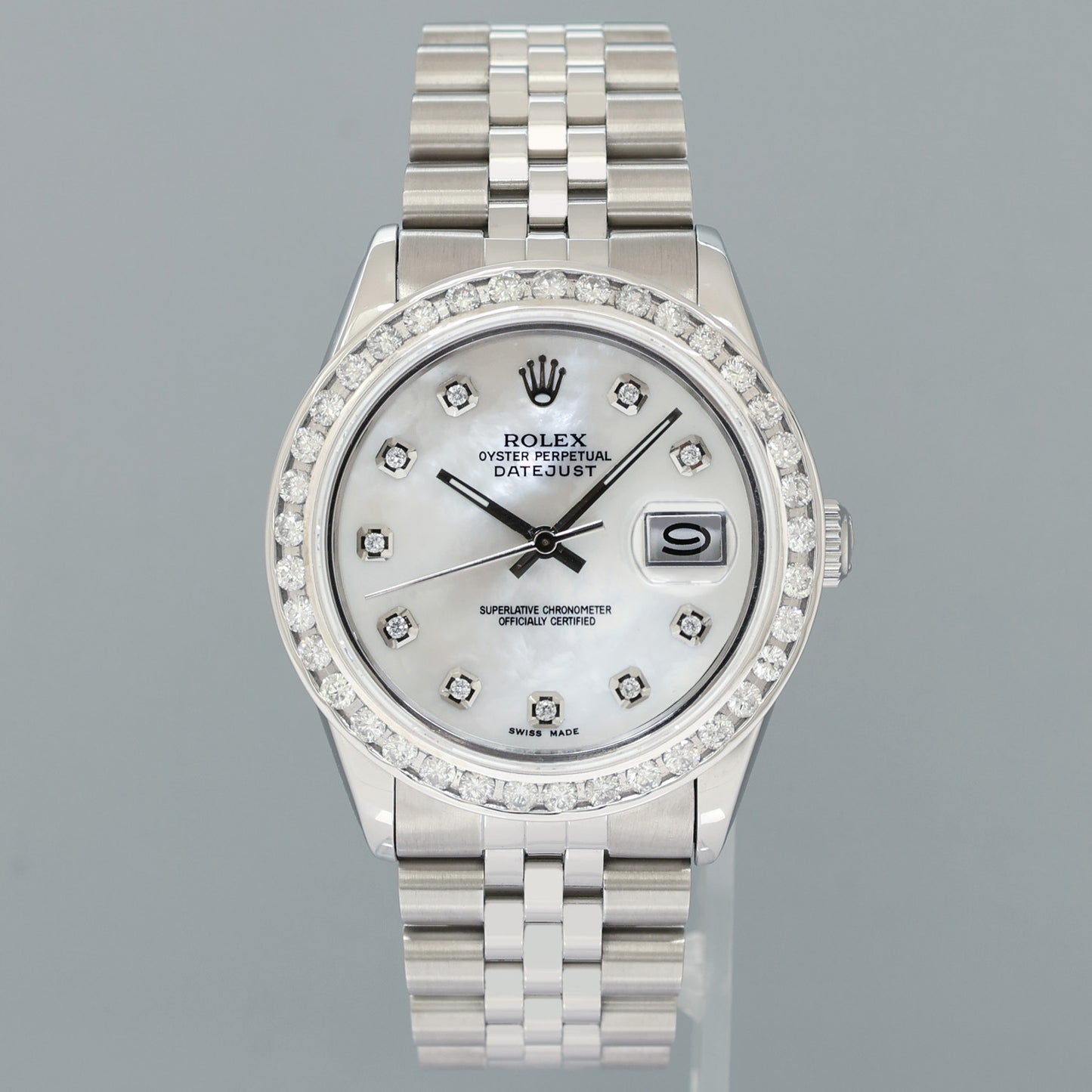 MINT Rolex DateJust 16014 Mother of Pearl Diamond Bezel Jubilee Band 36mm Watch Box