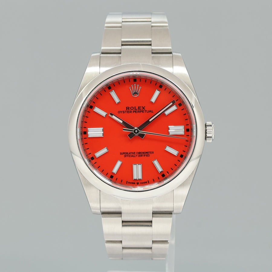 2022 MINT Rolex Oyster Perpetual 41mm Custom Red Coral Oyster 124300 Watch Box