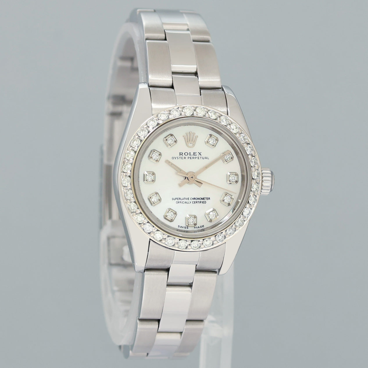 MINT Ladies Rolex 24mm Steel 76080 Mother of Pearl Diamond Oyster Perpetual Watch Box