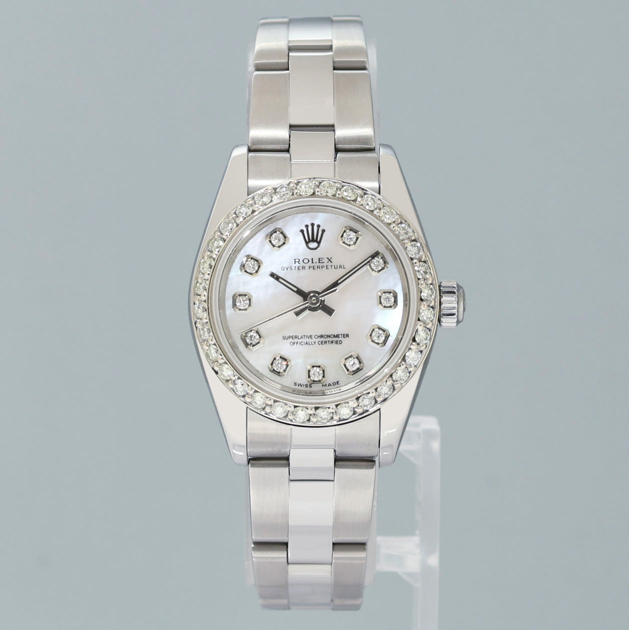 MINT Ladies Rolex 24mm Steel 76080 Mother of Pearl Diamond Oyster Perpetual Watch Box
