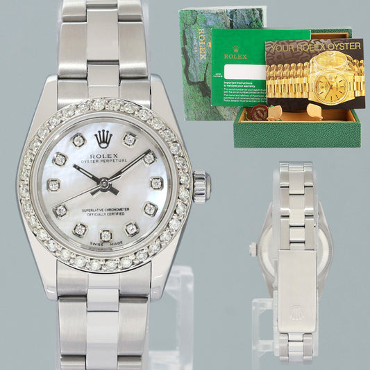 MINT Ladies Rolex 24mm Steel 76080 Mother of Pearl Diamond Oyster Perpetual Watch Box