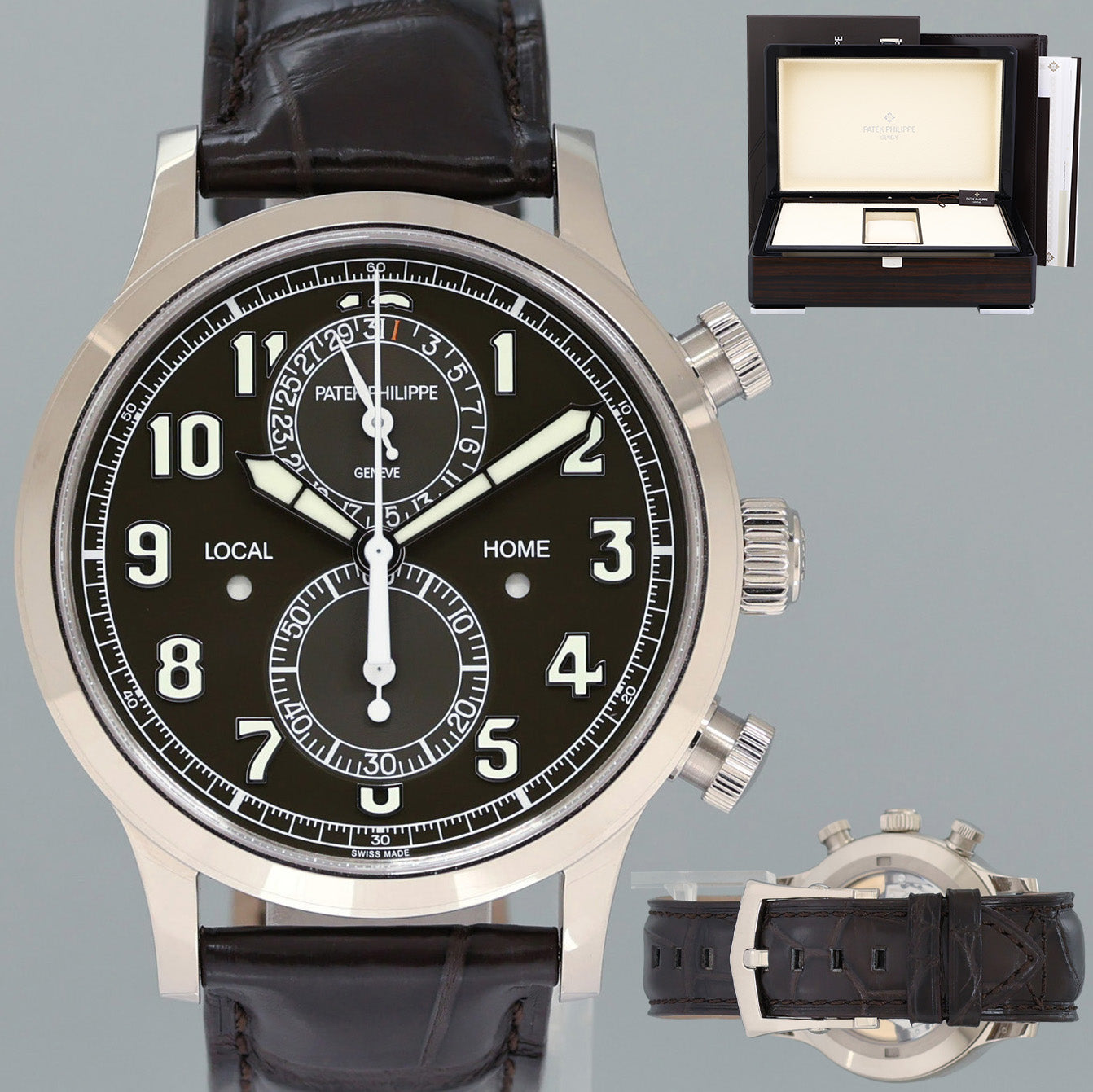 2024 New PAPERS Patek Philippe 5924g Green White Gold Travel Time Leather 42mm Watch