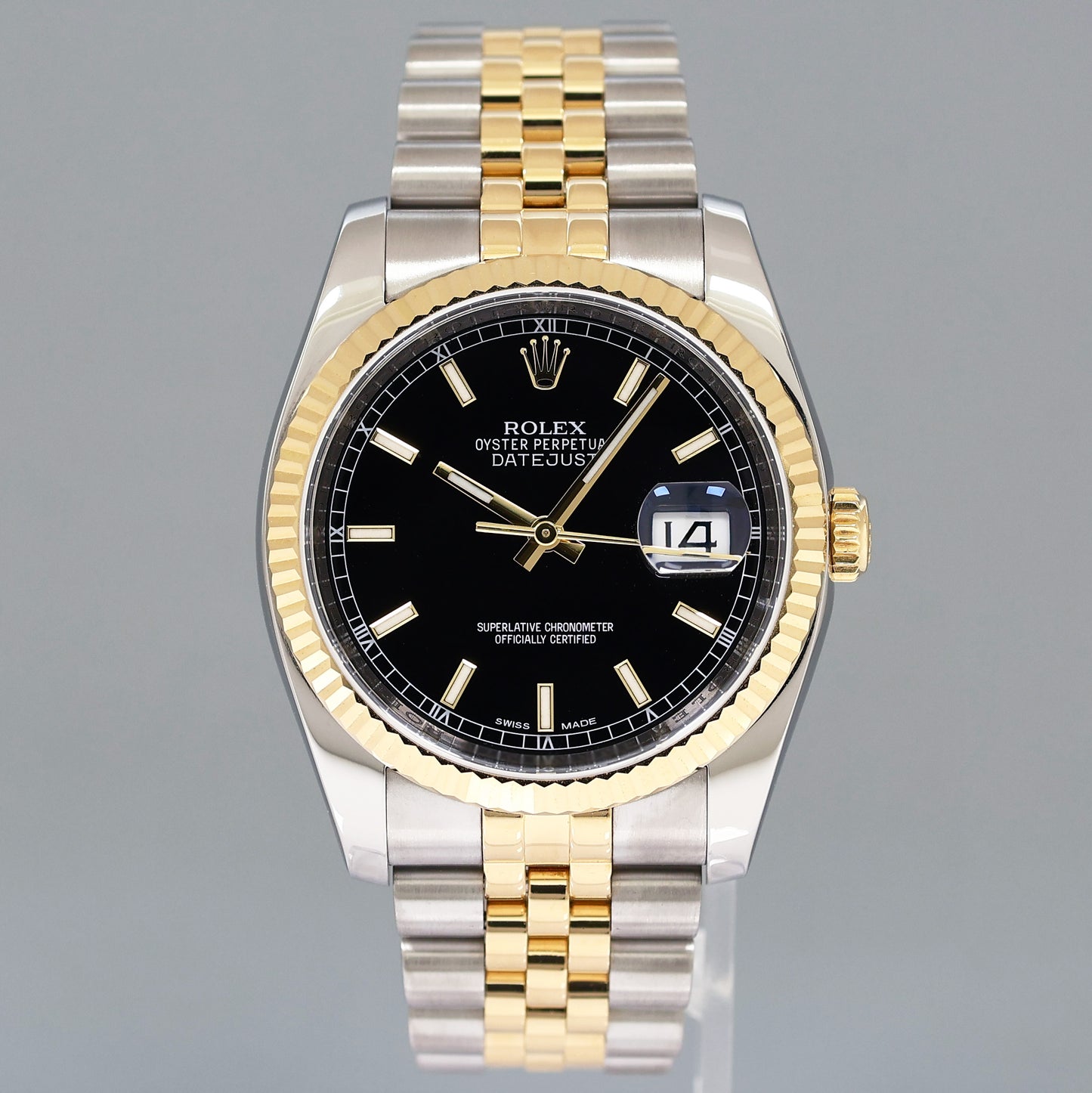 2014 MINT Rolex 116233 DateJust Two Tone Yellow Gold Steel Black Jubilee 36mm Watch