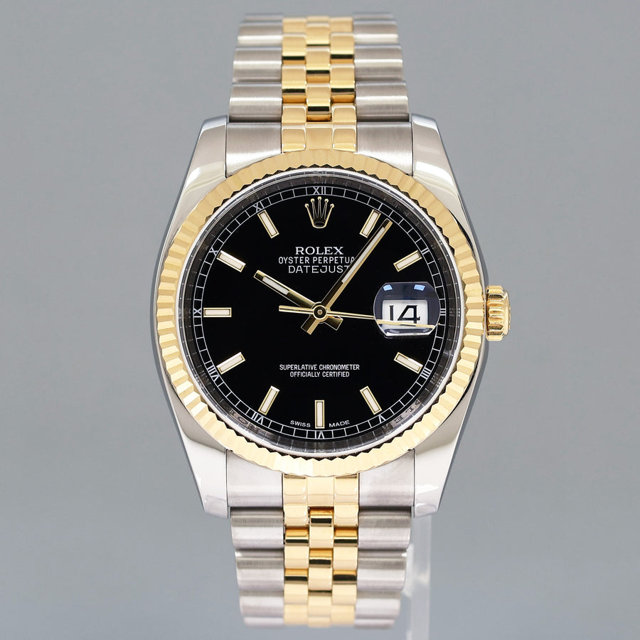 2014 MINT Rolex 116233 DateJust Two Tone Yellow Gold Steel Black Jubilee 36mm Watch