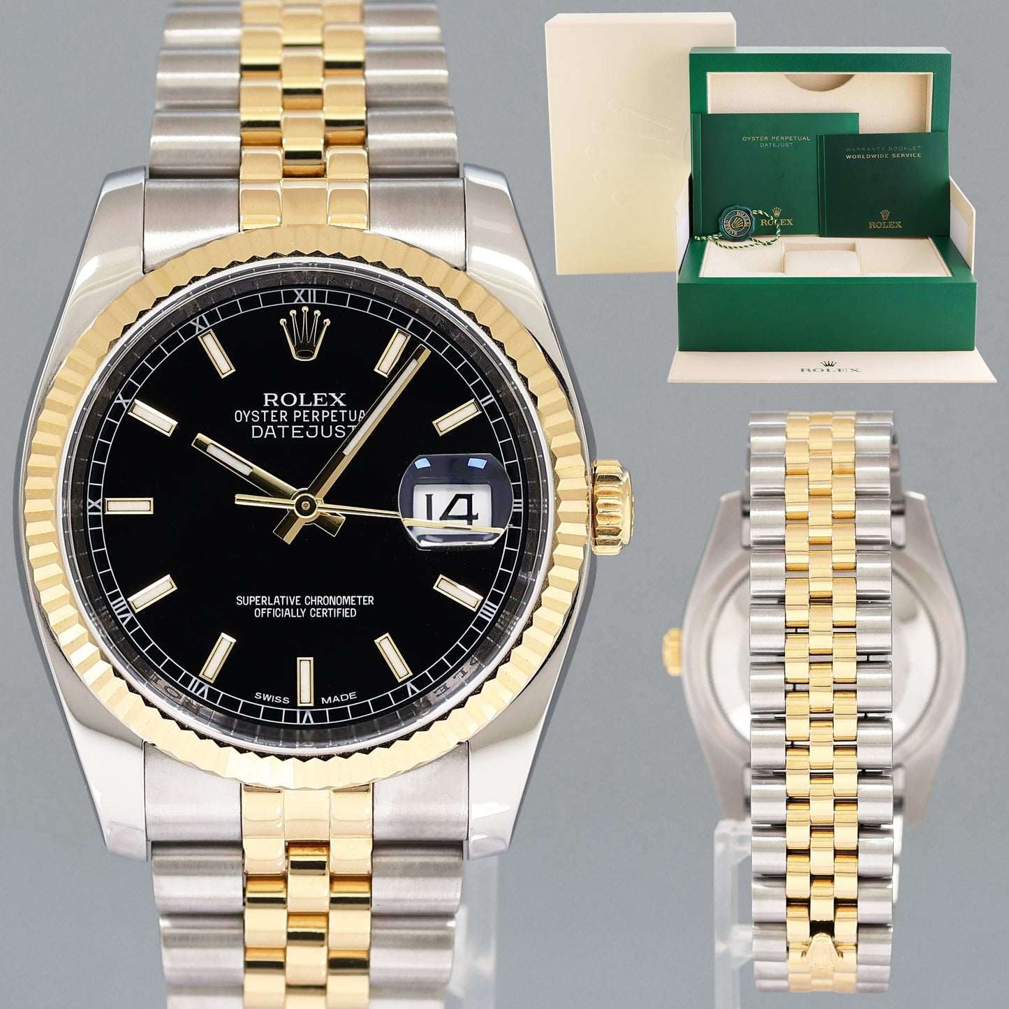 2014 MINT Rolex 116233 DateJust Two Tone Yellow Gold Steel Black Jubilee 36mm Watch