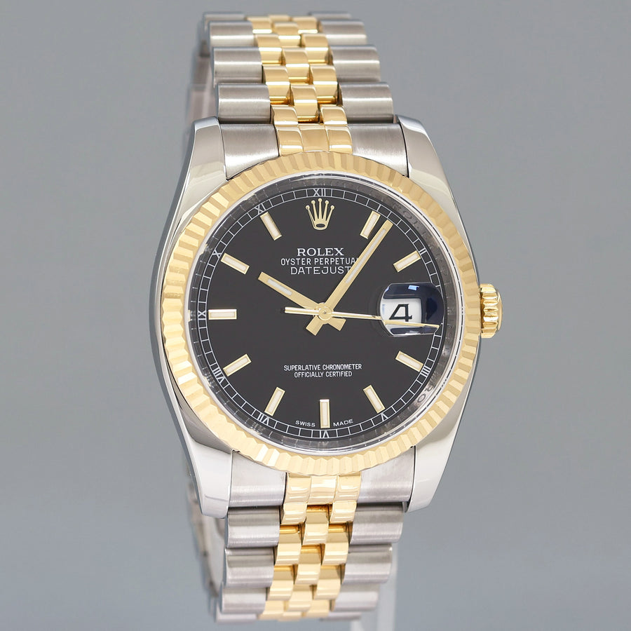 2014 MINT Rolex 116233 DateJust Two Tone Yellow Gold Steel Black Jubilee 36mm Watch