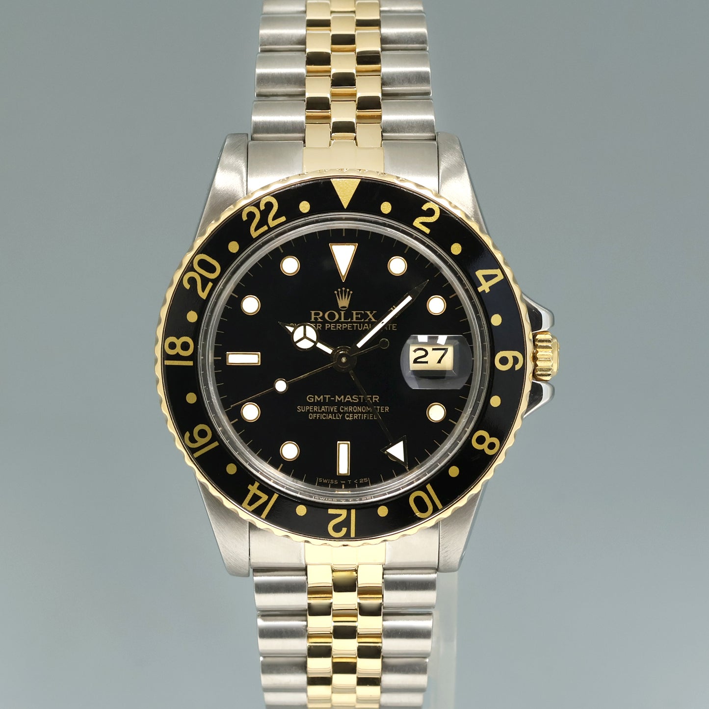 MINT Rolex GMT-Master 16753 Two-Tone Yellow Gold and Steel Black Jubilee Watch Box