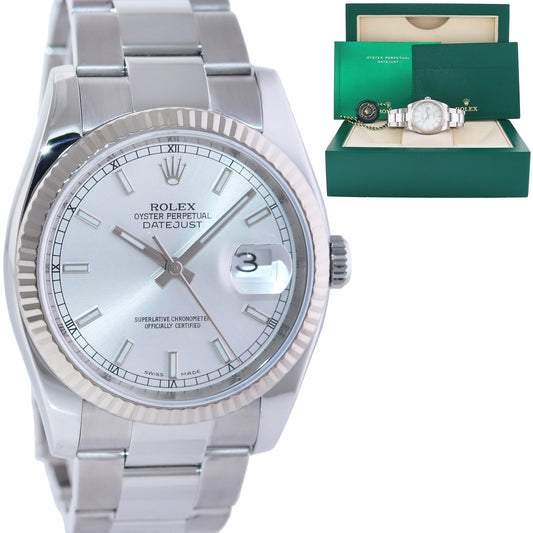 MINT 2010 Rolex DateJust Steel Silver Stick 116234 36mm Stainless Steel Oyster Watch Box