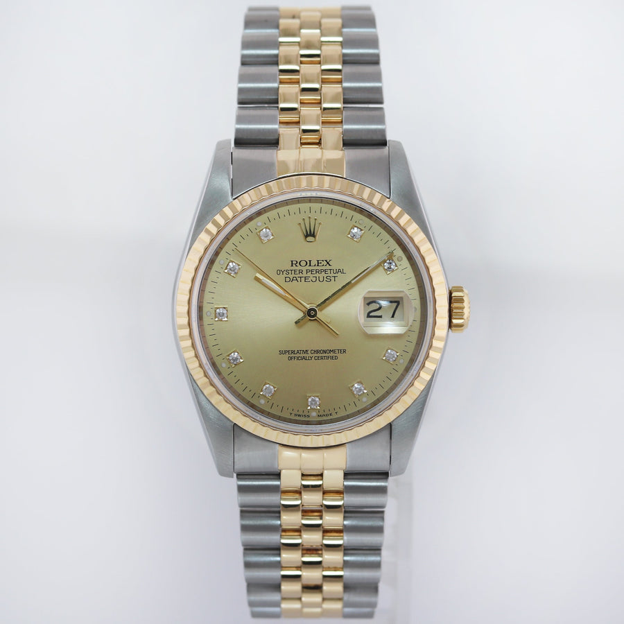MINT Rolex DateJust 16233 Two Tone Yellow Gold Jubilee Champagne Diamond Watch