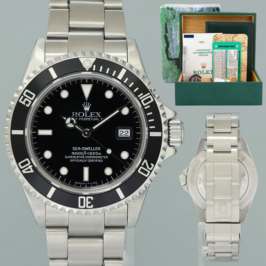 1998 PAPERS MINT Rolex Sea-Dweller Steel 16600 Black Tritium 40mm Divers Kit Watch