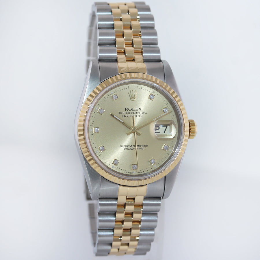 MINT Rolex DateJust 16233 Two Tone Yellow Gold Jubilee Champagne Diamond Watch