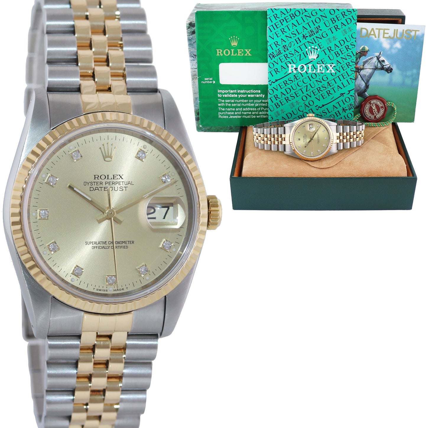 MINT Rolex DateJust 16233 Two Tone Yellow Gold Jubilee Champagne Diamond Watch