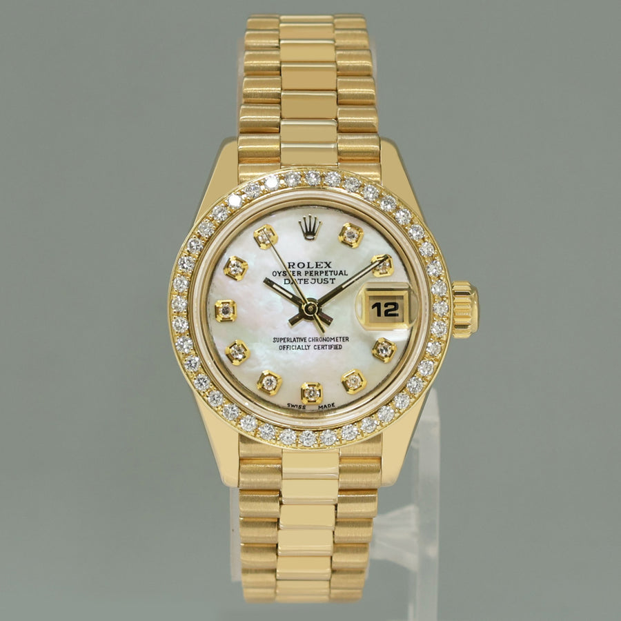 MINT Pearl Diamond Ladies Rolex DateJust 69178 President 26mm 18k Yellow Gold Watch Box