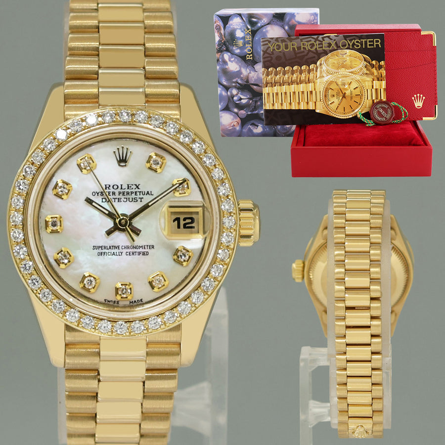 MINT Pearl Diamond Ladies Rolex DateJust 69178 President 26mm 18k Yellow Gold Watch Box