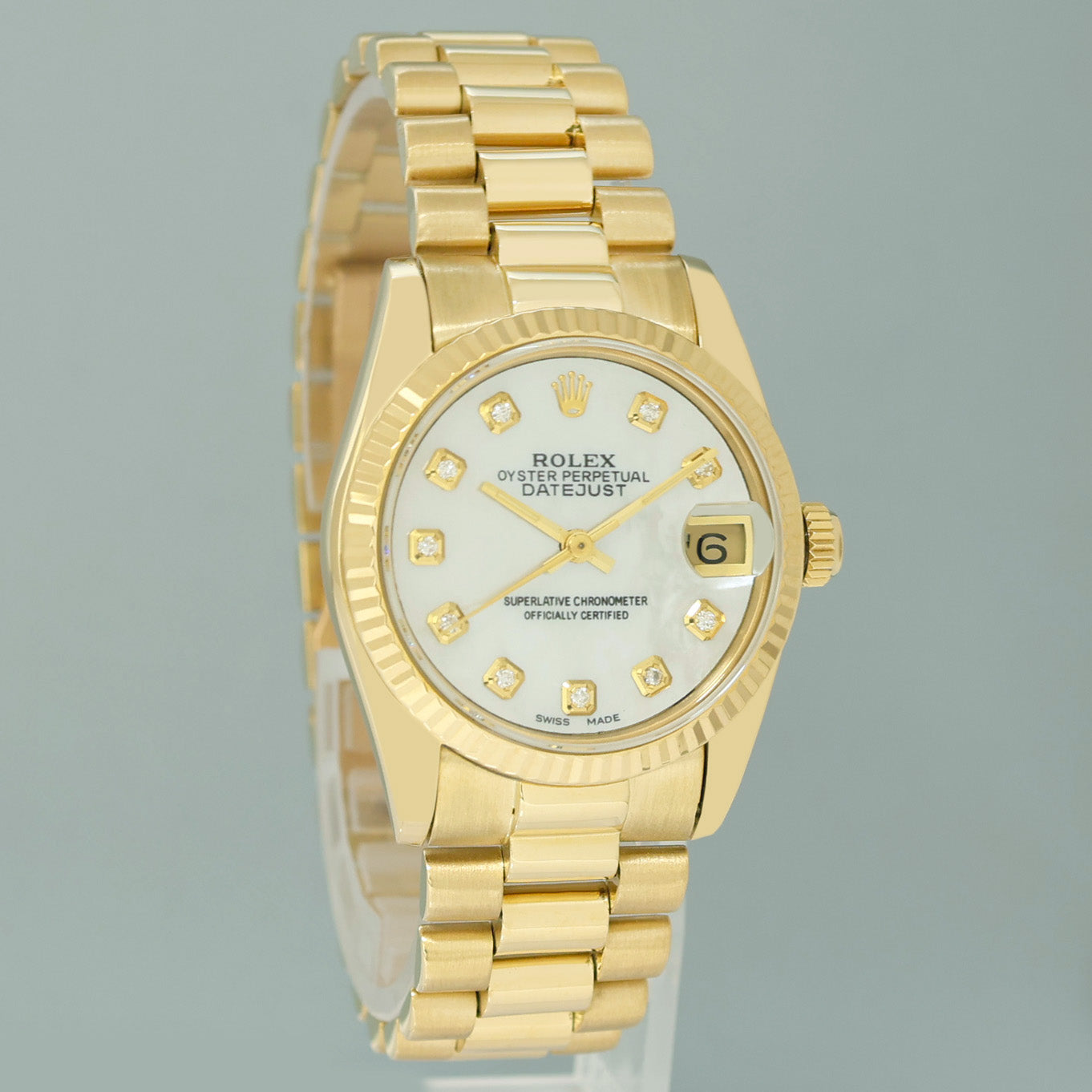 MINT Rolex 68278 Yellow Gold 31mm Midsize Mother of Pearl Diamond Lady President Watch