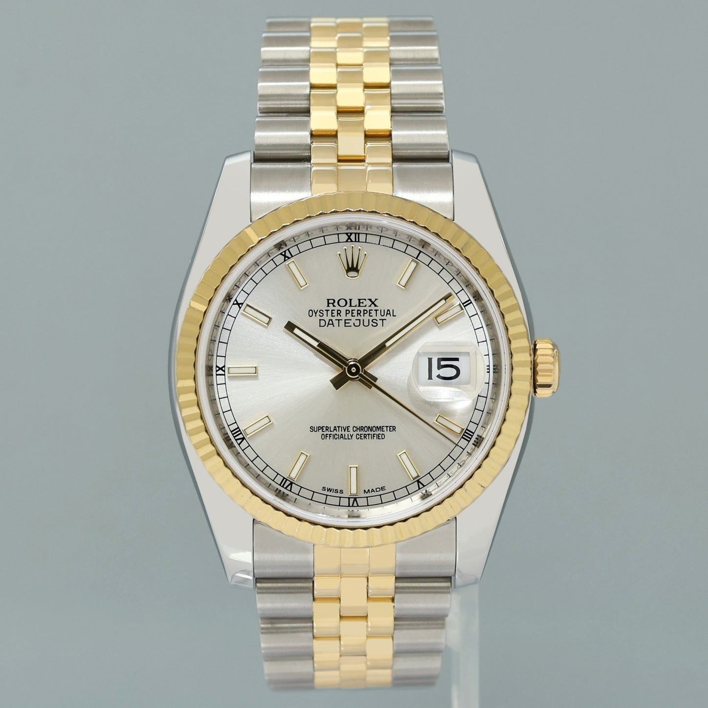 2013 PAPERS MINT Rolex 116233 DateJust Jubilee 36mm Two Tone Gold Silver Stick Watch